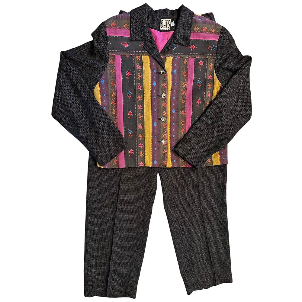Bets by Canvasbacks Jacket Black Artsy Patchwork Buttoned Jacket w/ Pants Sz Med